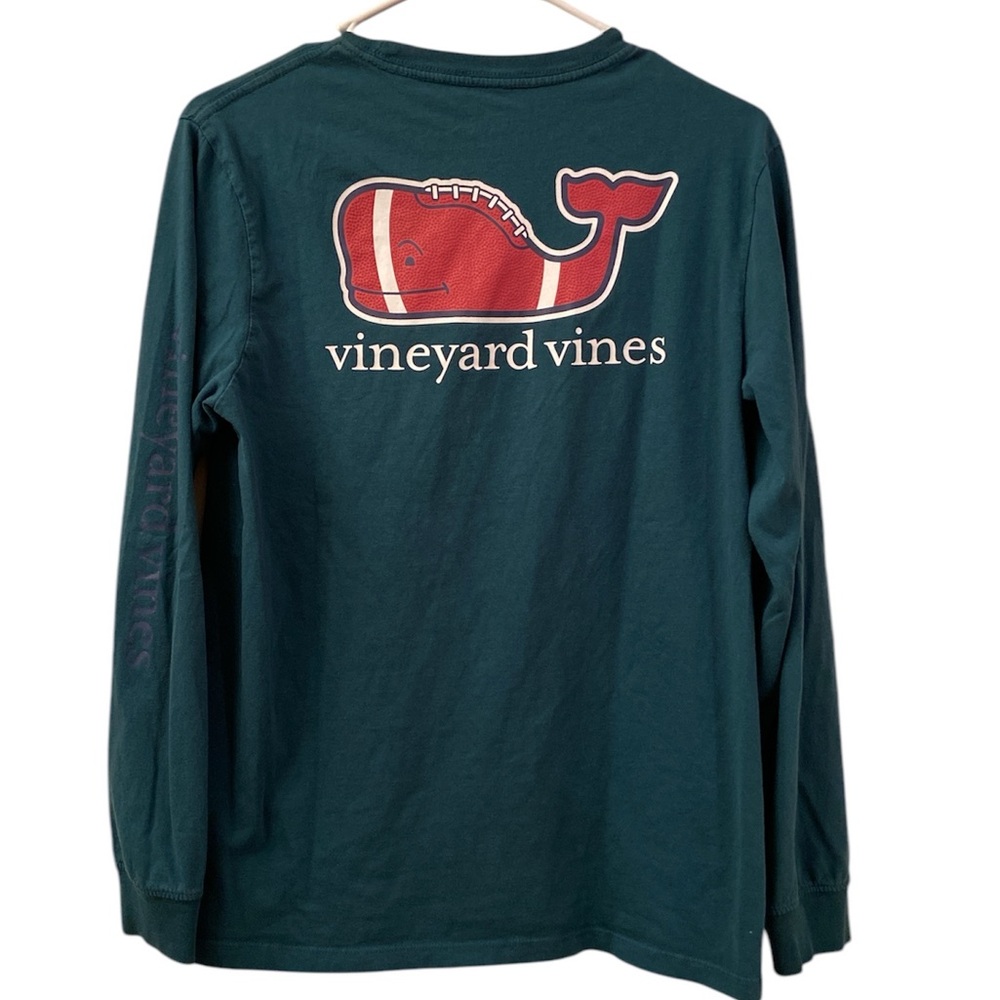 Vineyard Vines Long Sleeve T-Shirt Football Whale Dark Green Front Pocket Boy XL